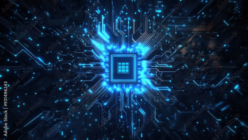 Poster glowing microchip with radiating circuitry