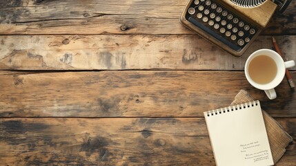 wooden table with a vintage typewriter and a notepad
