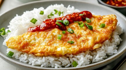 Close-up of a fluffy, golden omelette resting on a bed of white jasmine rice, with crispy edges and soft texture, garnished with chili sauce on the side.