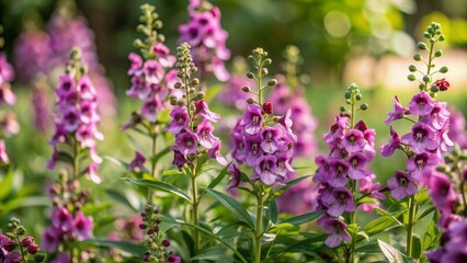 Obraz premium Vibrant purple Angelonia flowers sway gently in the breeze, filling a sun-kissed garden with a tranquil atmosphere, creating a beautiful and serene copy space.