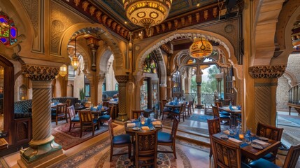 Obraz premium A beautifully designed Islamic-inspired dining room with elaborate decor, intricate chandeliers, and cultural details, ideal for commercial use in luxury interiors and hospitality design. 