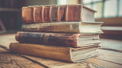 Naklejka premium stack of old books with worn covers and yellowed pages