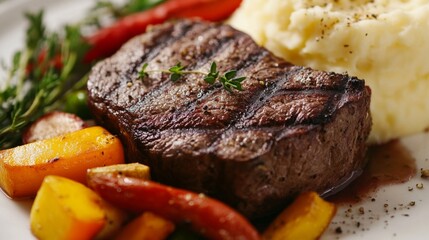 Close-up of a gourmet steak dinner with juicy, grilled beef, seasoned vegetables, and a side of mashed potatoes, capturing the textures and rich presentation.
