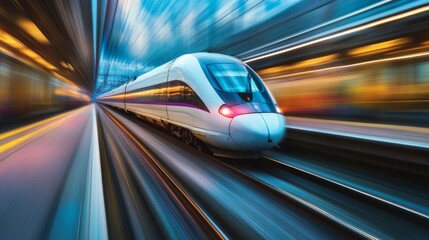 Fototapeta premium Close-up of a high-speed train in motion, with a sleek, aerodynamic design and blurred background, emphasizing its speed and modern engineering.