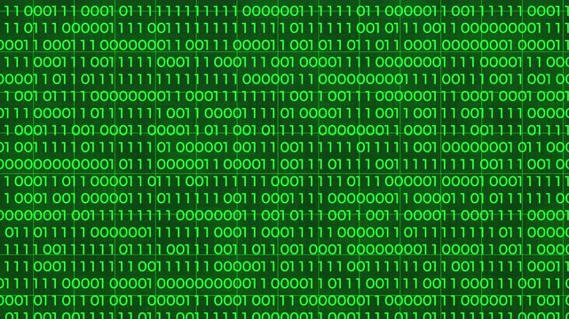 Foreground background green binary code. Digits of 0 and 1 switch to binary data loop. Concept: Technology, data, cybersecurity, binary code.