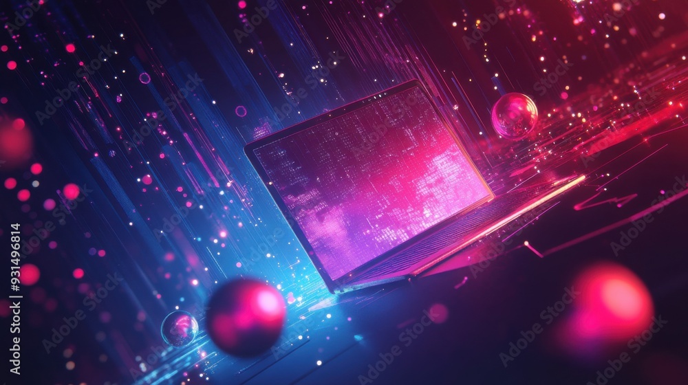 Poster laptop in a digital universe with glowing network