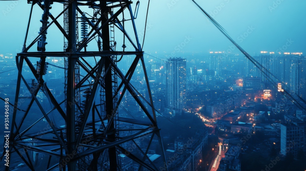 Poster close-up of a high-voltage power transmission tower in an urban setting, showcasing the tower's meta