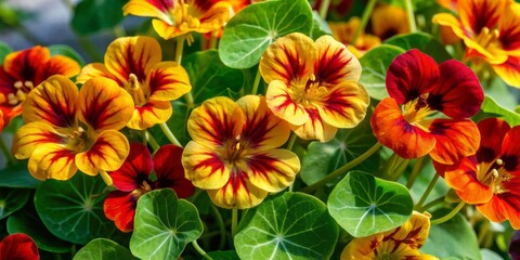 Vibrant orange and yellow nasturtium flowers with delicate, rounded petals and slender stems isolated on a transparent background, perfect for botanical designs and illustrations.