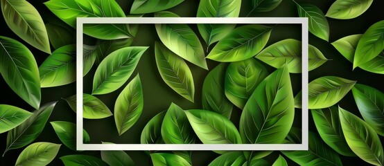 Obraz premium A background of green leaves against a square frame that represents a spring backdrop. Stock photo