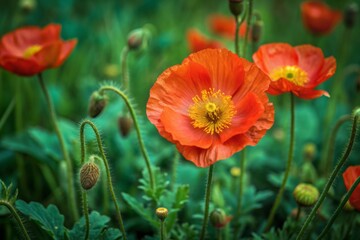 Naklejka premium Vibrant red Iceland poppy blooms majestically in a lush green meadow, delicately swaying in the gentle breeze, exuding elegance and simplicity in nature's beauty.
