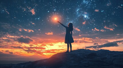 Silhouette of a woman reaching for a star at sunset.