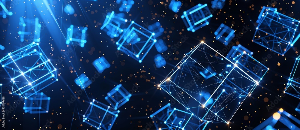 Poster a futuristic concept of digital cubes connecting a network in a metaverse environment. stock image