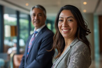 Fototapeta premium Cheerful colleagues in suits standing together, confident and smiling during a successful corporate meeting.
