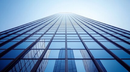 Fototapeta premium Close-up of a modern skyscraper with reflective glass windows, showcasing its sleek design and towering height against a clear blue sky.