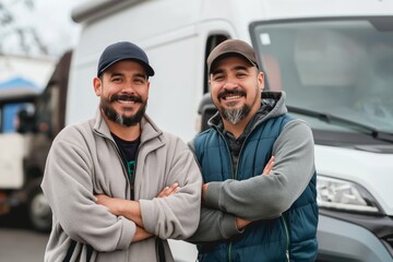 Two smiling colleagues standing together by their delivery vehicle, showcasing teamwork in the transportation industry.