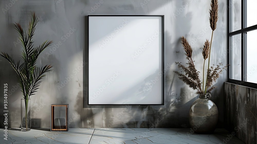Poster blank picture frame mockup on a wall square orientation artwork template in interior design : genera