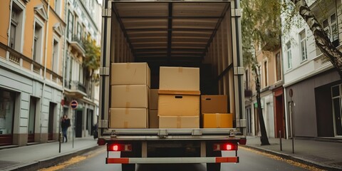 A delivery truck transporting cargo boxes, facilitating logistics and shipping services for businesses and industries.