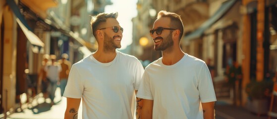 Gay couple walking happily together in matching white t-shirts on a sunny day.