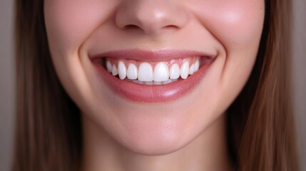 Obraz premium Close-up of a person smiling with bright, white teeth, showcasing the perfect alignment and radiance of their smile against a neutral background.