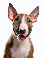 笑顔のブル・テリアの子犬のポートレート（Portrait of a smiling Bull Terrier puppy on white background）
