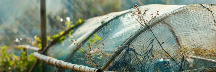 Step two of four: Installing netting over a DIY cloche for bird safeguarding.