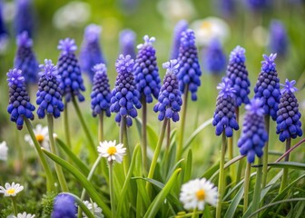 Fototapeta premium Vibrant blue grape hyacinth flowers bloom in a lush green meadow, surrounded by delicate white blooms and soft Focus background, evoking a sense of serene beauty.