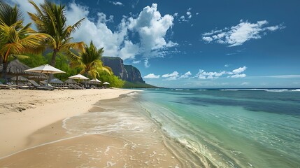 Obraz premium Beach with palm trees and umbrellas on Le morne beach in Mauriutius Luxury tropical beach and Le Morne mountain in Mauritius Le Morne beach with palm trees white sand and luxury resort : Generative AI