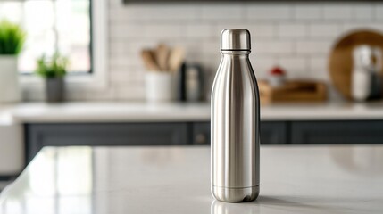 Elegant Stainless Steel Water Bottle on a Sleek White Countertop