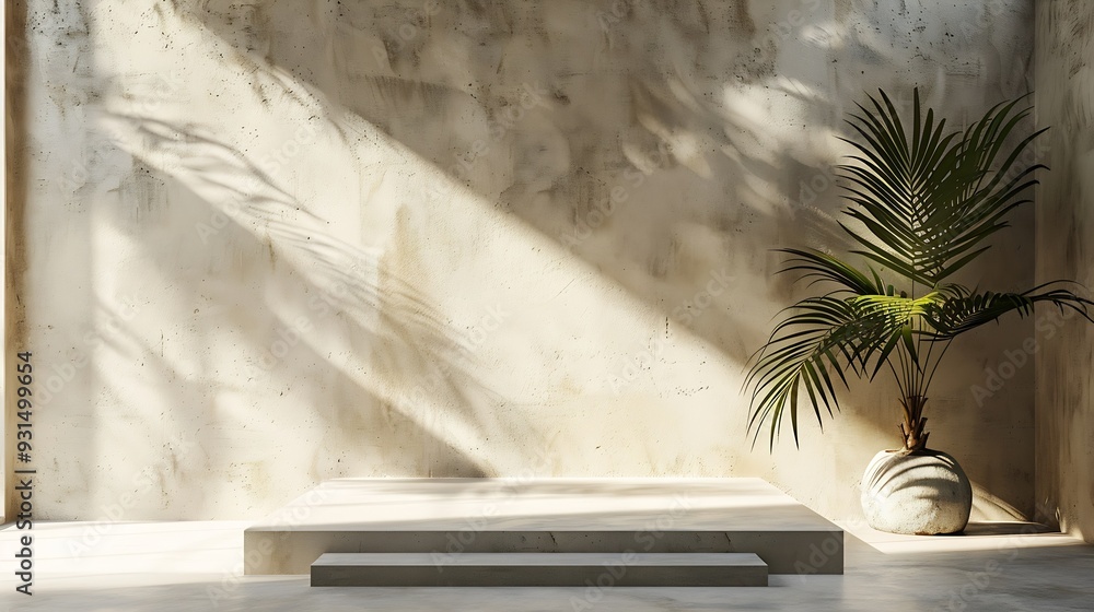 Poster natural texture stone background with palm shadow and sunlight summer tropical product placement pod