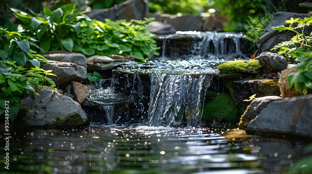 Poster green cozy garden with a small waterfall and rocks and structures in the pond : generative ai