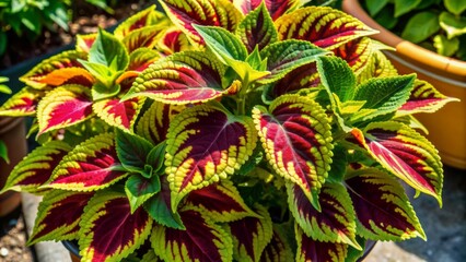 Vibrant coleus plant fills a decorative flowerpot, showcasing its stunning natural leaves in shades of green, yellow, and red, with ample copyspace for creative designs.