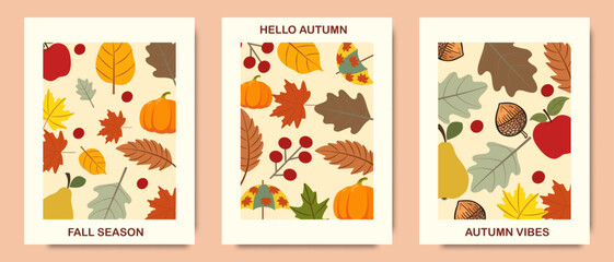 Autumn seasonal bright poster set concept. Fashionable creative design with geometric autumn leaves, fruits, pumpkins, berries. Templates for branding, advertising, banner, cover.