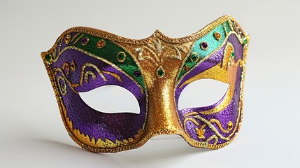 Gold purple and green glittery Mardi gras mask isolated on white background : Generative AI