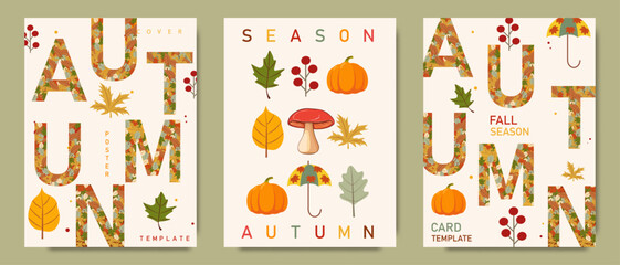 Autumn set of posters. Bright fashion design concept with typography, geometric autumn leaves, pumpkins, berries with creative overlay effect. Templates for cover, branding, banner, postcard.