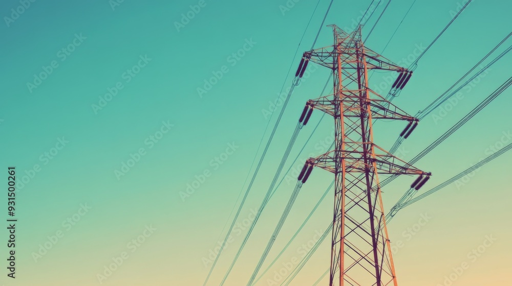 Poster Close-up of a towering electricity pylon with multiple power lines, emphasizing the robust construction and engineering of the electrical transmission system.