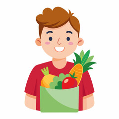 A young man holding a grocery bag full of vegetables, isolated on a white background, with a smiling, happy expression. An Asian male model with a paper shopping package and fresh food, represents.