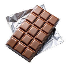 A chocolate bar with chocolate squares on a piece of aluminum foil on transparent background