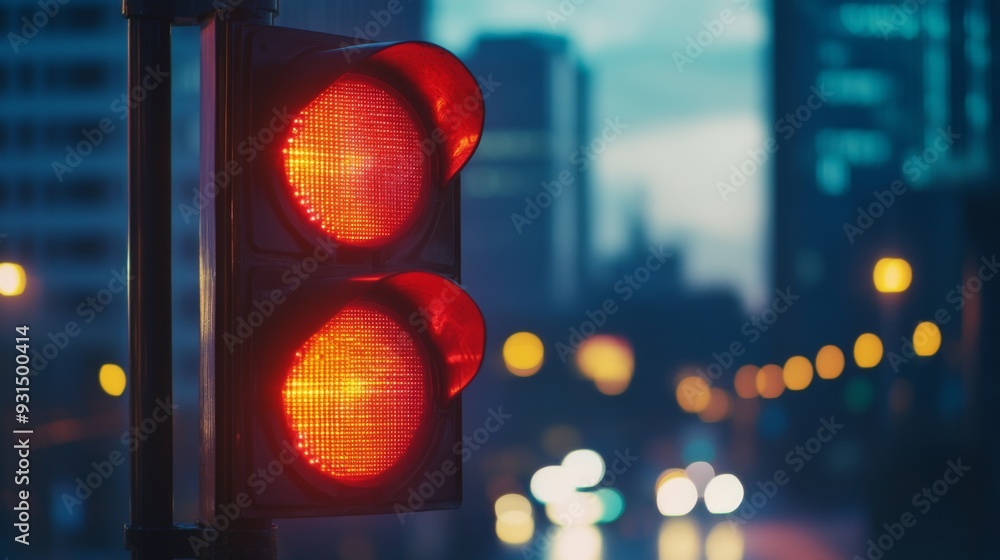 Poster Close-up of a traffic light showing the red signal, with clear details of the light's casing and the illuminated color against a city backdrop.
