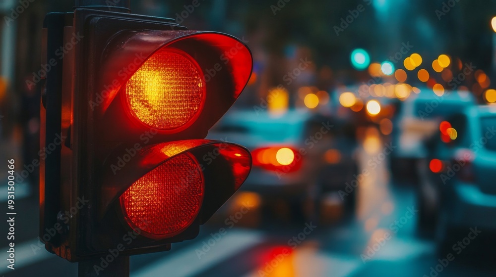 Poster close-up of a traffic light with a focus on the red signal and the reflective surface of the light, 
