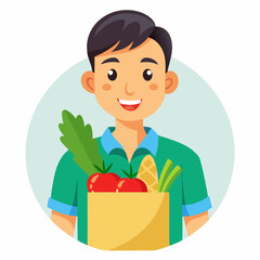 A young man holding a grocery bag full of vegetables, isolated on a white background, with a smiling, happy expression. An Asian male model with a paper shopping package and fresh food, represents.