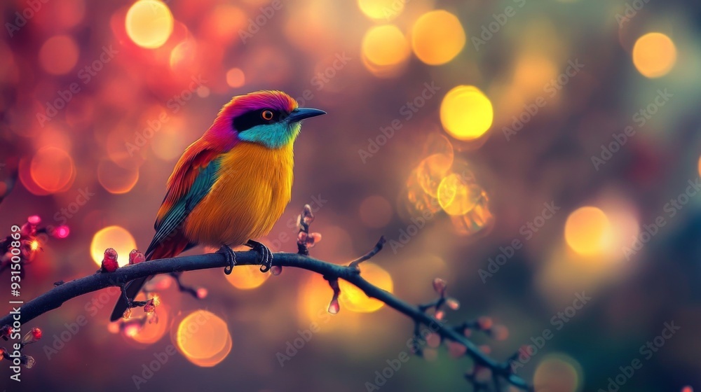 Poster Close-up of a vibrant bird perched on a branch, with a stunning, blurred background of colorful lights and bokeh effects creating a magical atmosphere.