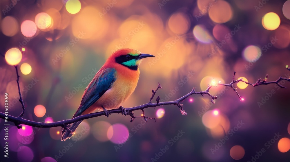 Poster Close-up of a vibrant bird perched on a branch, with a stunning, blurred background of colorful lights and bokeh effects creating a magical atmosphere.
