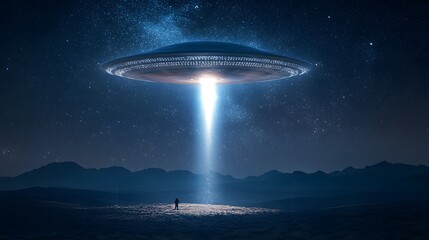 A nighttime desert landscape with a UFO shining a beam of light down, dramatic lighting highlighting the craft metallic surface, scattered stars and distant mountains in the background, tense and