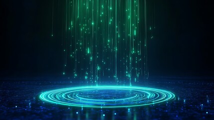 A futuristic, glowing geometric design with blue and green neon lights, representing advanced technology and digital innovation.
