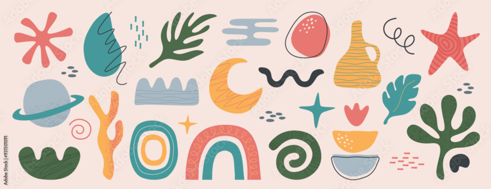 Poster vector set of abstract geometric shapes, lines and nature forms. freehand trendy basic simple figure