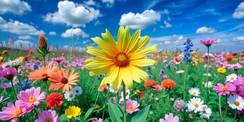 Fototapeta premium Vibrant yellow bloom stands out in a kaleidoscope of colors, amidst a lush meadow of pink, blue, orange, and white flowers, under a clear blue sky.