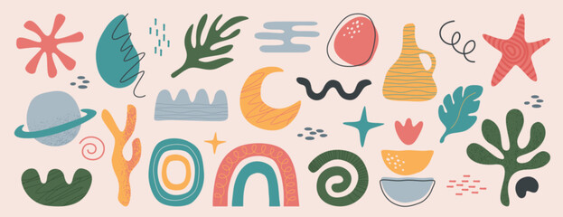 Vector set of abstract geometric shapes, lines and nature forms. Freehand trendy basic simple figures, organic matisse design elements in minimalist style. Hand drawn freeform doodle object collection