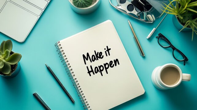 Notebook with text "Make it Happen" written in neat handwriting pen motivation goal setting workspace office supplies