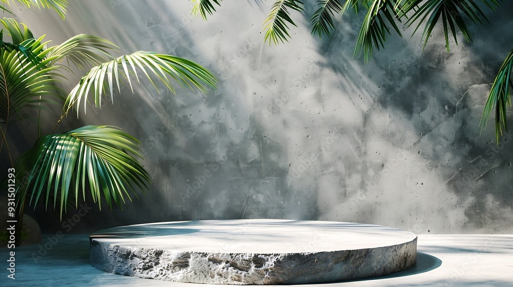 Poster natural texture stone background with palm shadow and sunlight summer tropical product placement pod
