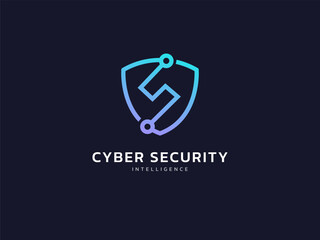 Protective shield with letter S circuit board lines cyber security and protection logo vector design concept. Artificial intelligence Protection Guard for big data, robot, advance technology, ui, web.